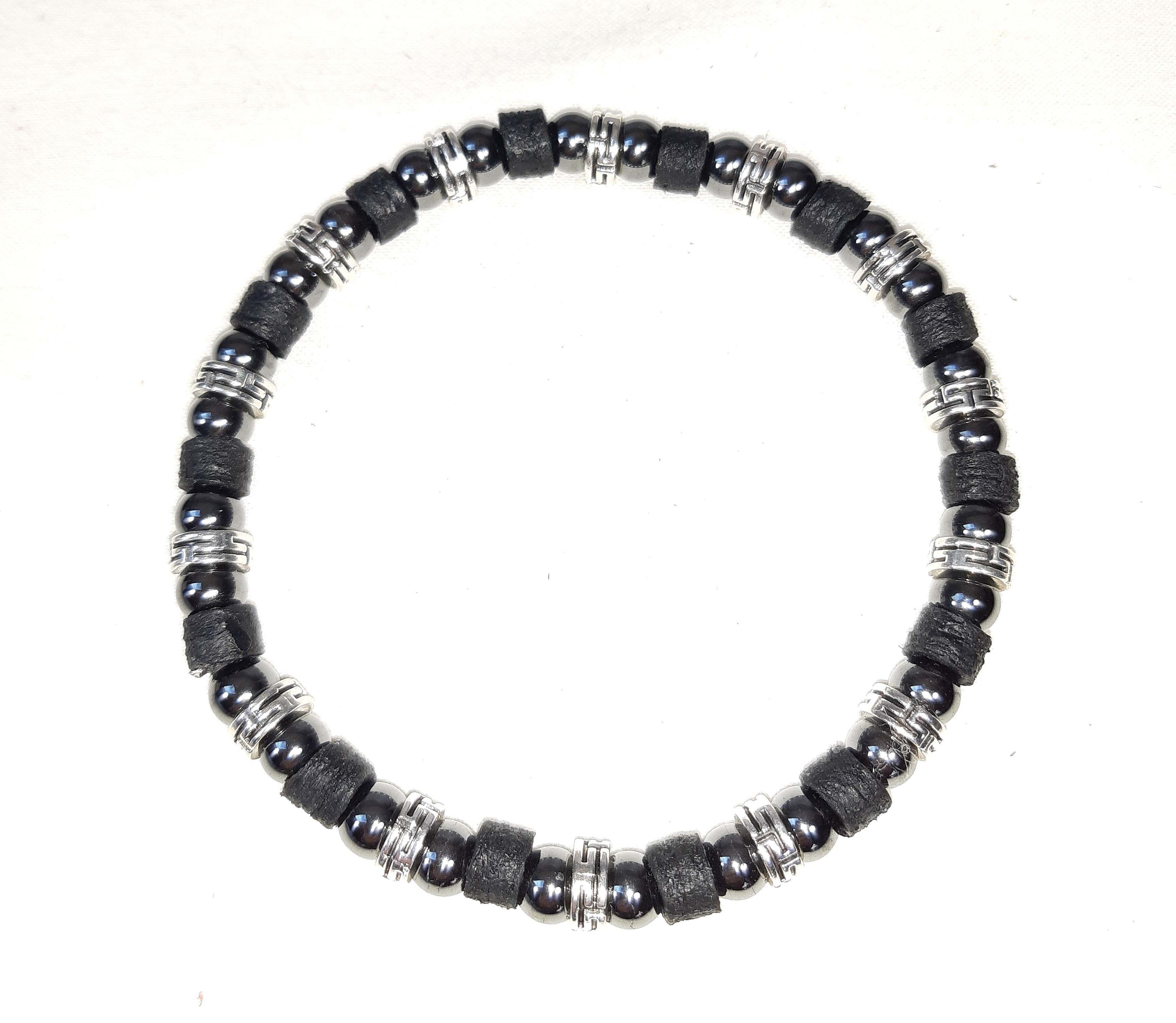 Bracelet extensible cuir et h&eacute;matite